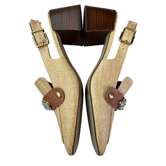 Arezzo Emory Crystal Slingback Pumps Tan Raffia Brown Leather Heels Size 11 - Picture 13 of 16